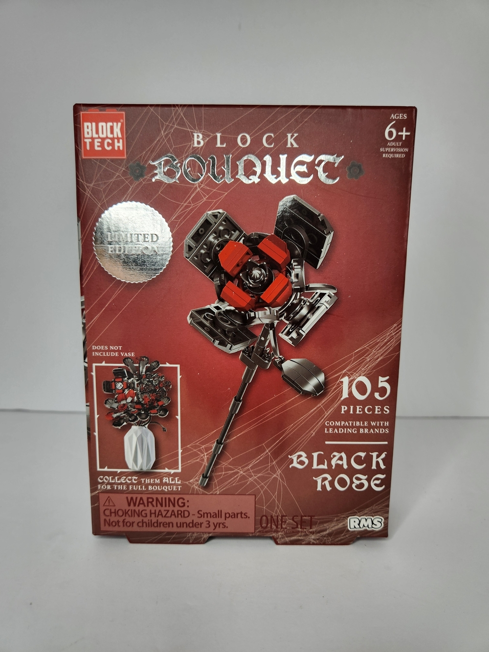 Block Tech Black Rose Block Bouquet Building Set - Red & Black, 105 Pieces